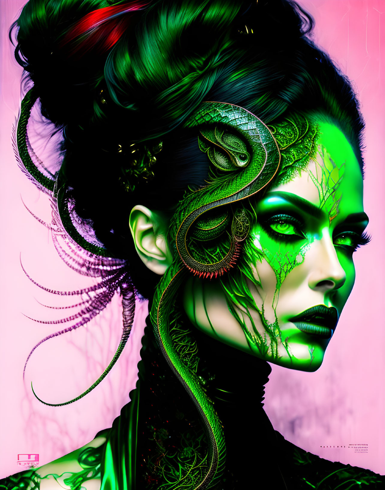 Digital artwork featuring woman with green skin patterns and serpent-like hair accessory.