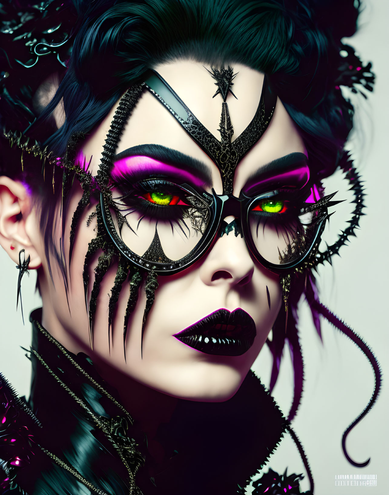 High-fashion portrait with dramatic makeup, elaborate accessories, vibrant eye color - gothic & avant-garde