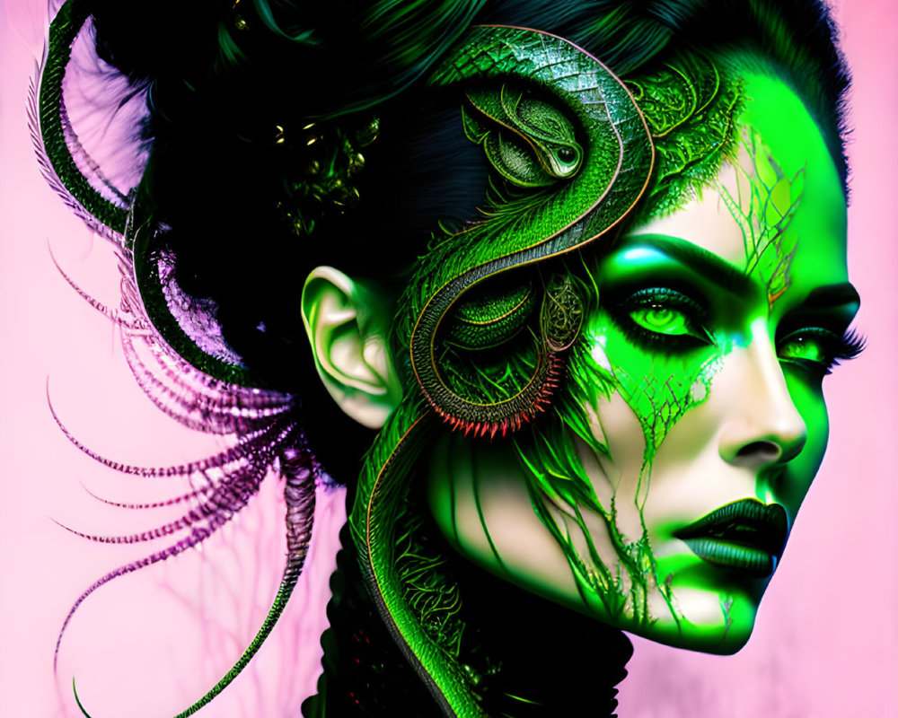 Digital artwork featuring woman with green skin patterns and serpent-like hair accessory.