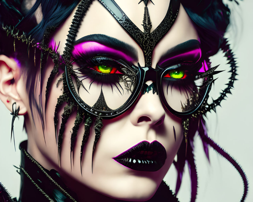 High-fashion portrait with dramatic makeup, elaborate accessories, vibrant eye color - gothic & avant-garde
