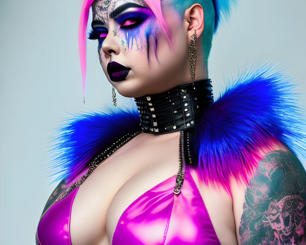 Stylized character with pink and blue hair, dramatic makeup, leather outfit, tattoos, and blue