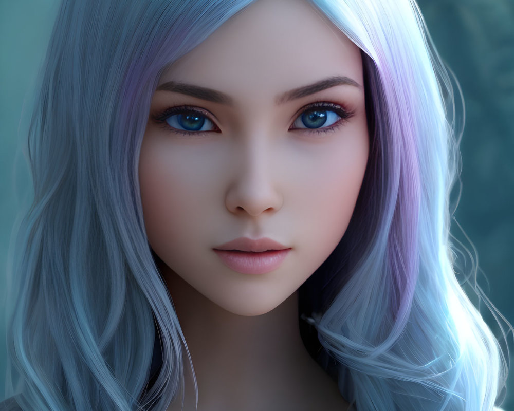 Female digital artwork: blue-eyed woman with purple to light blue ombre hair on cool-toned
