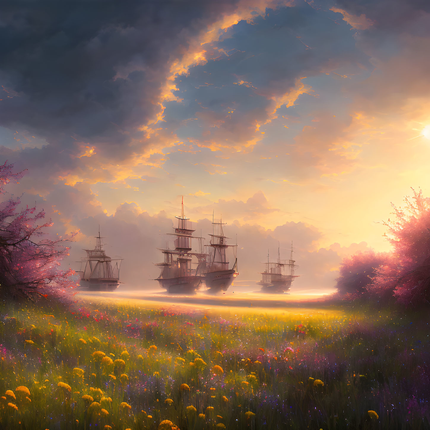 Sailboats on serene sea under sunset sky with blooming fields