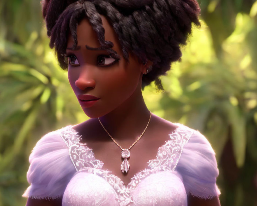 Dark-skinned woman in purple dress with braided hair in 3D animation