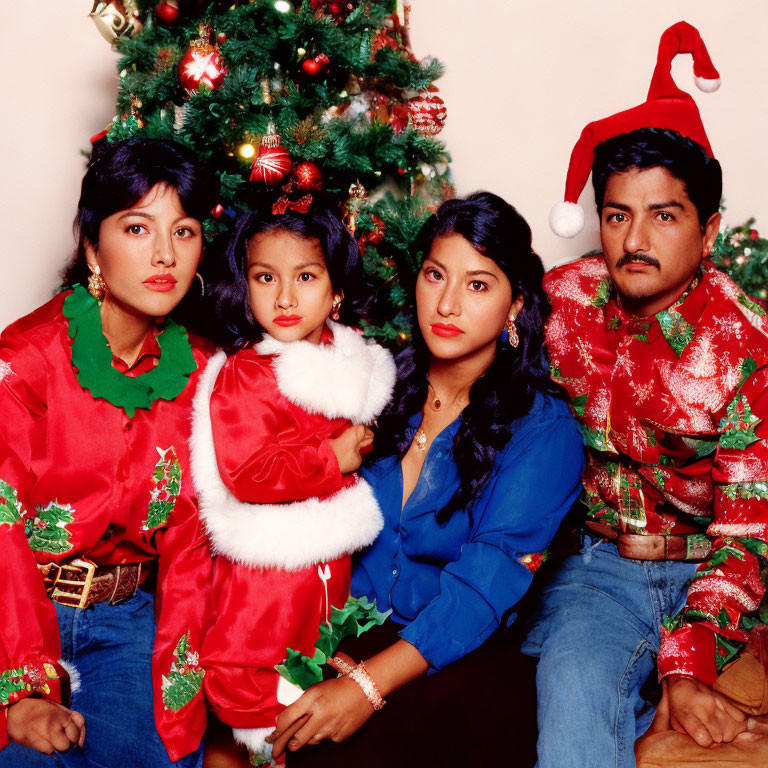 Family in holiday-themed clothing poses in front of Christmas tree with little girl in Santa costume held by mother