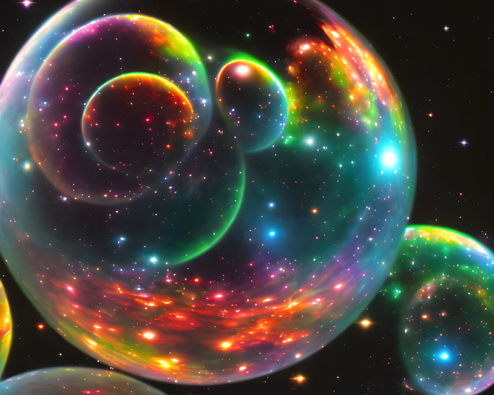 Colorful cosmic bubbles with swirling stars and nebulae in space