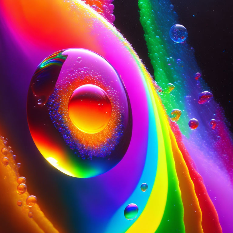 Colorful iridescent bubbles on vibrant oily water surface