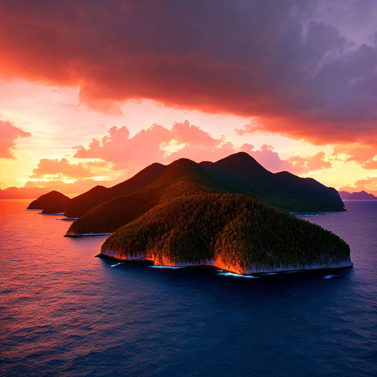 Lush hills on island under fiery sunset glow