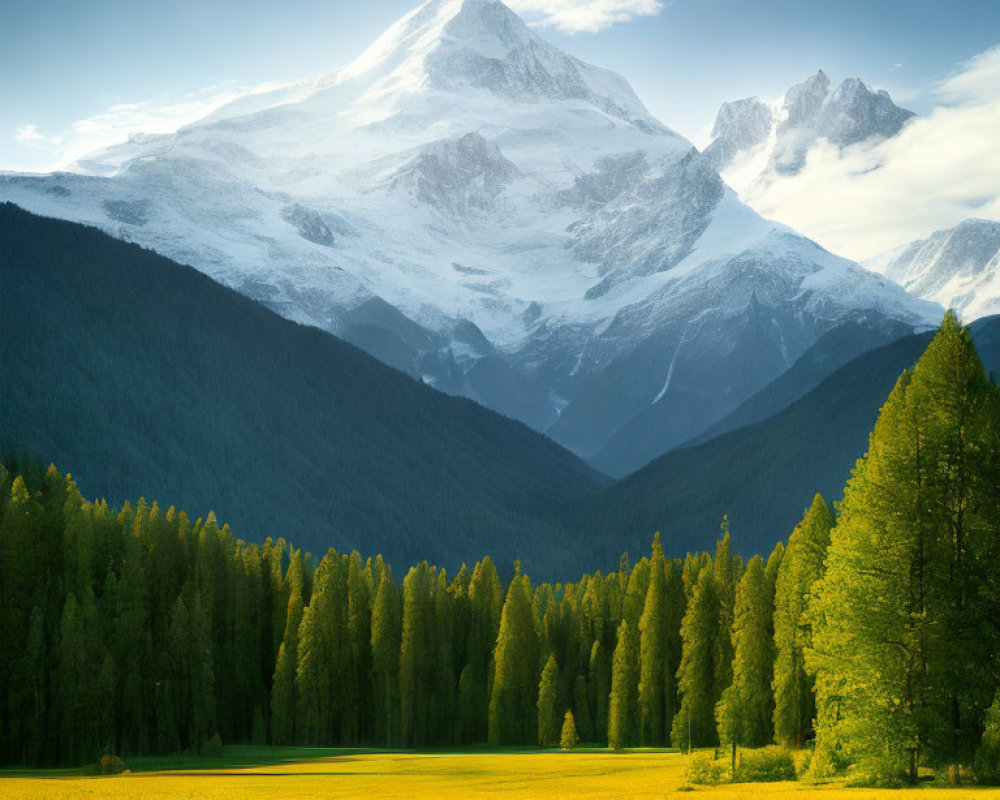 Tranquil landscape with meadow, wildflowers, trees, and snow-capped mountain