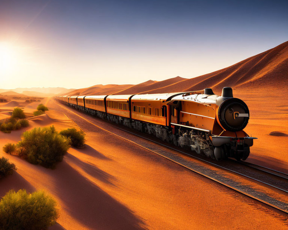 Vintage train in desert with sand dunes at sunset