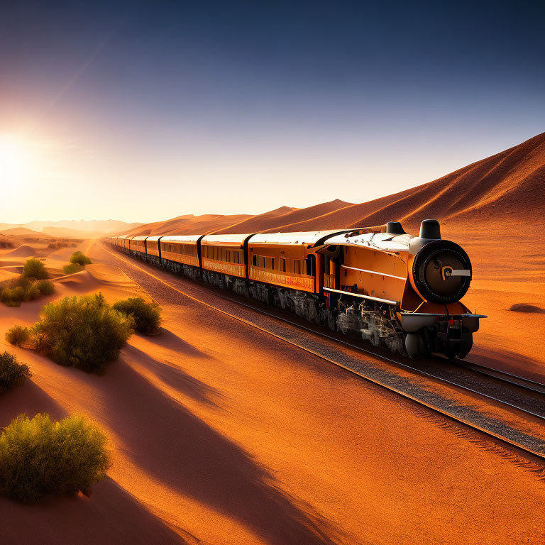 Vintage train in desert with sand dunes at sunset