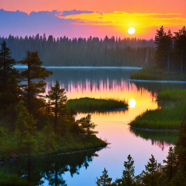Tranquil forest lake at sunset with vivid colors
