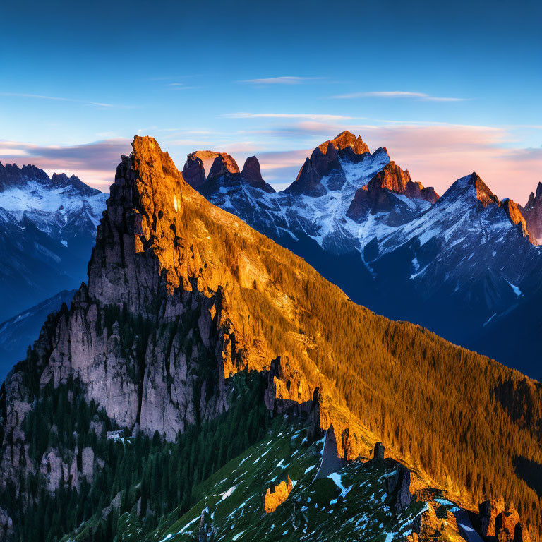 Sunrise illuminates majestic mountain range with warm hues and shadowed valleys