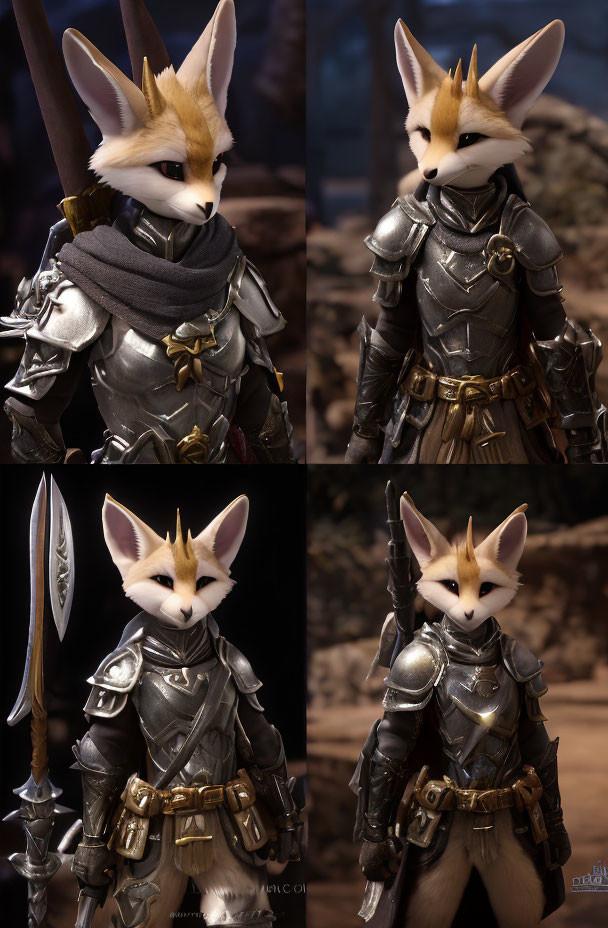 Fox Character in Medieval Armor with Sword and Scarf Poses Against Rocky Background