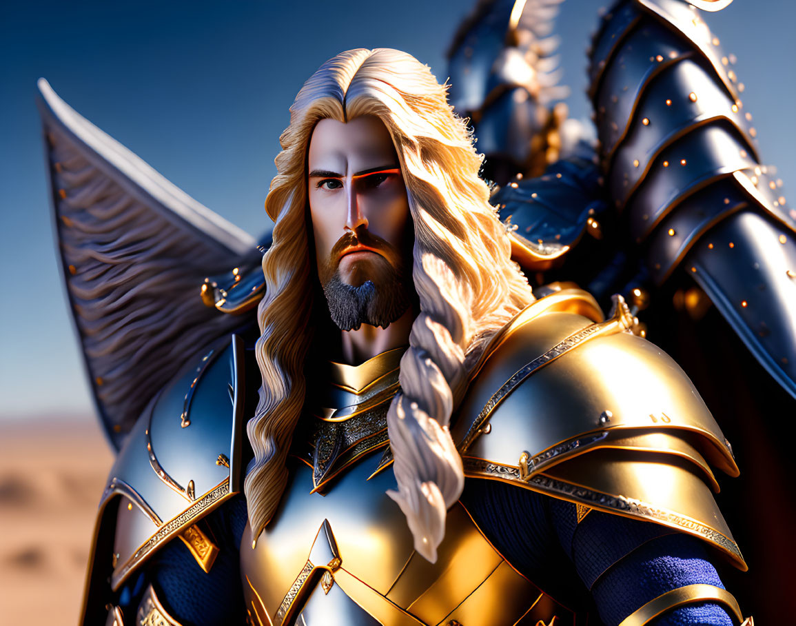 Detailed 3D Illustration: Majestic Winged Knight in Golden Armor with Intense Gaze