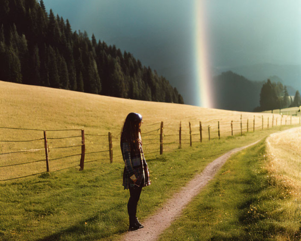 Person admiring rainbow over forest on cloudy day