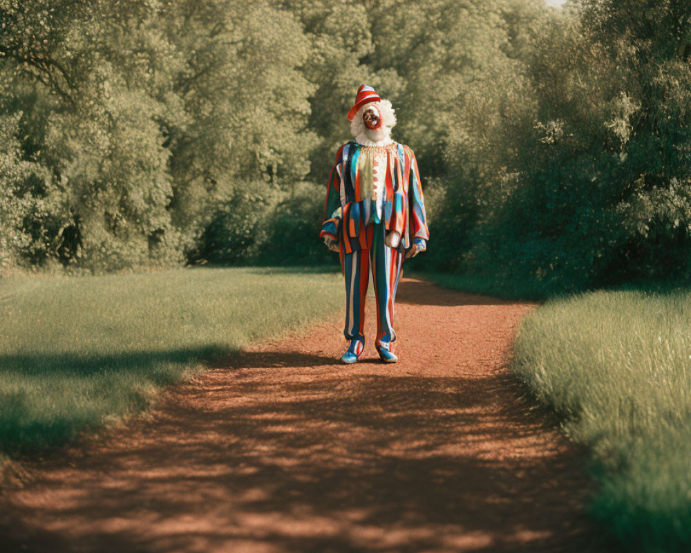Colorful Clown in Park Setting with Trees