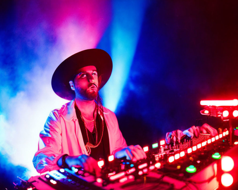 DJ mixing tracks under vibrant blue and red lights with stage smoke.