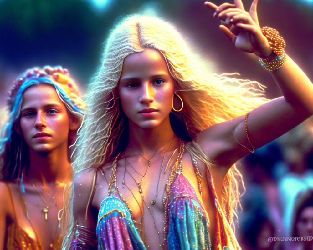 Blonde women in bohemian attire with jewelry in blurred crowd setting