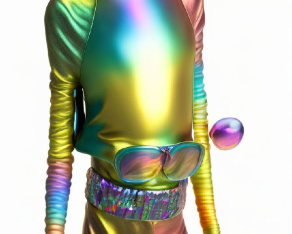 Iridescent humanoid alien with round sunglasses in stylish attire