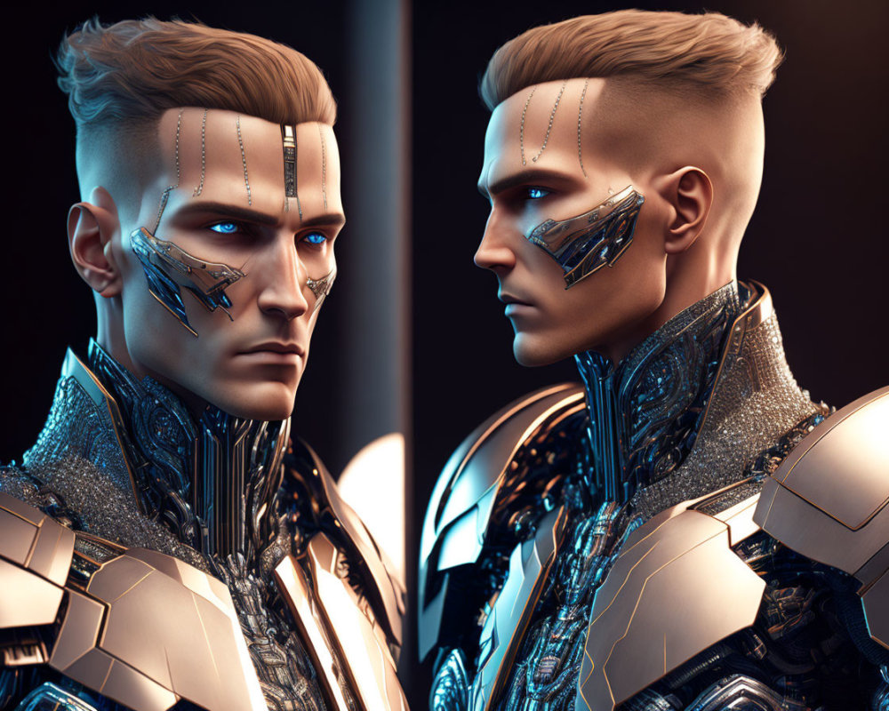 Futuristic androids with metal facial enhancements in armored suits