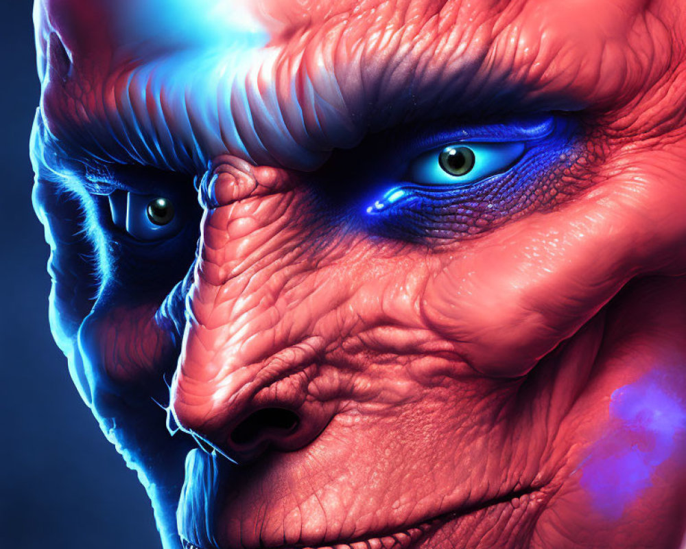 Detailed Close-up of Red-Skinned Creature with Glowing Eyes