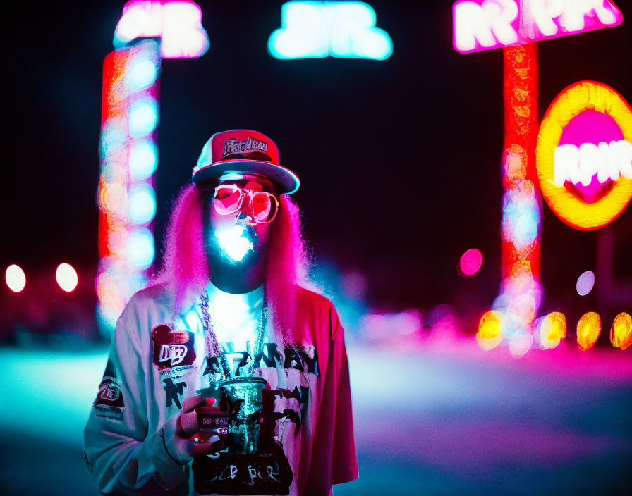 Hip-hop styled person with hat and sunglasses in front of neon signs at night holding a beverage can.