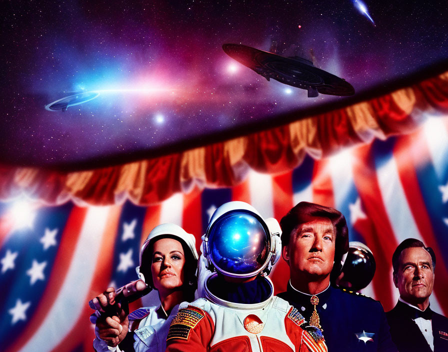 Patriotic stylized image: 3 figures, American flag backdrop, space theme