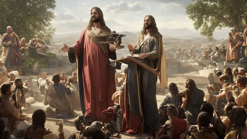 Biblical painting of two figures addressing a desert crowd