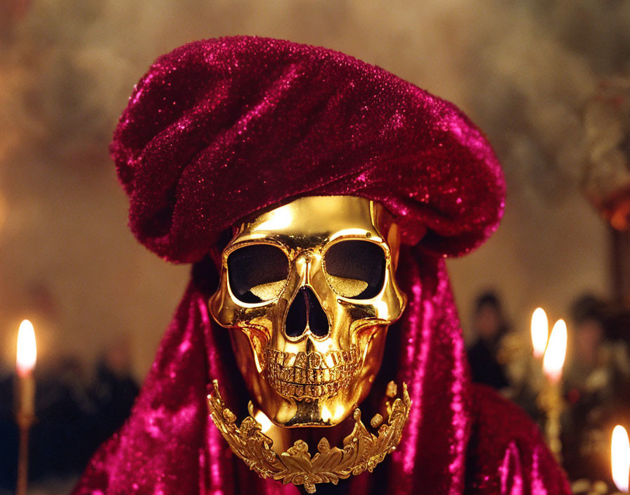 Golden skull with jeweled crown and velvet cloak, candles, blurred background