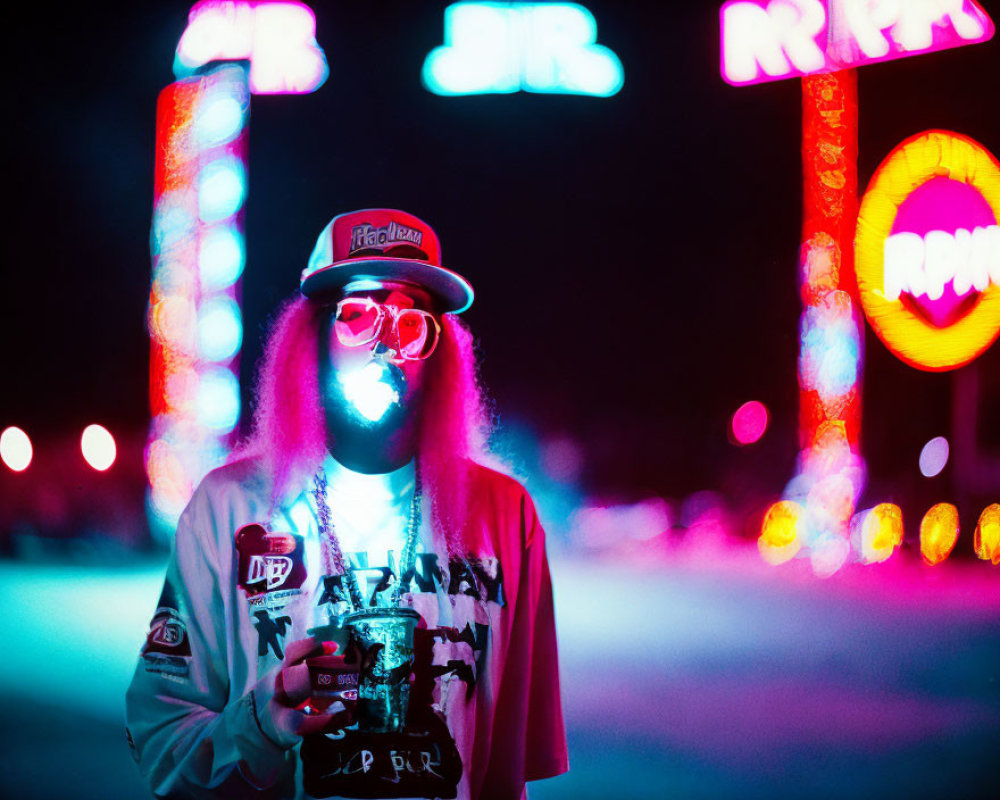 Hip-hop styled person with hat and sunglasses in front of neon signs at night holding a beverage can.