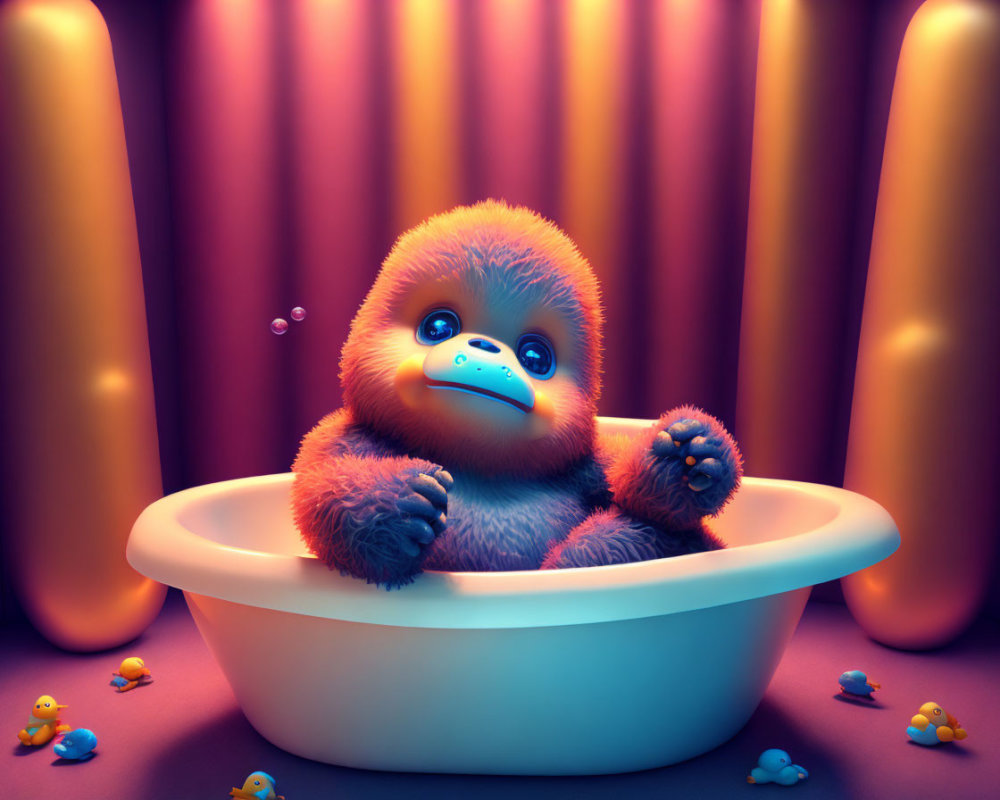 Orange Furry Creature Relaxing in Bathtub with Rubber Ducks