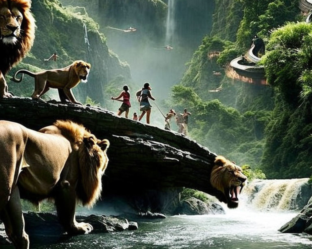 Fantasy landscape with lions on natural bridge above waterfall