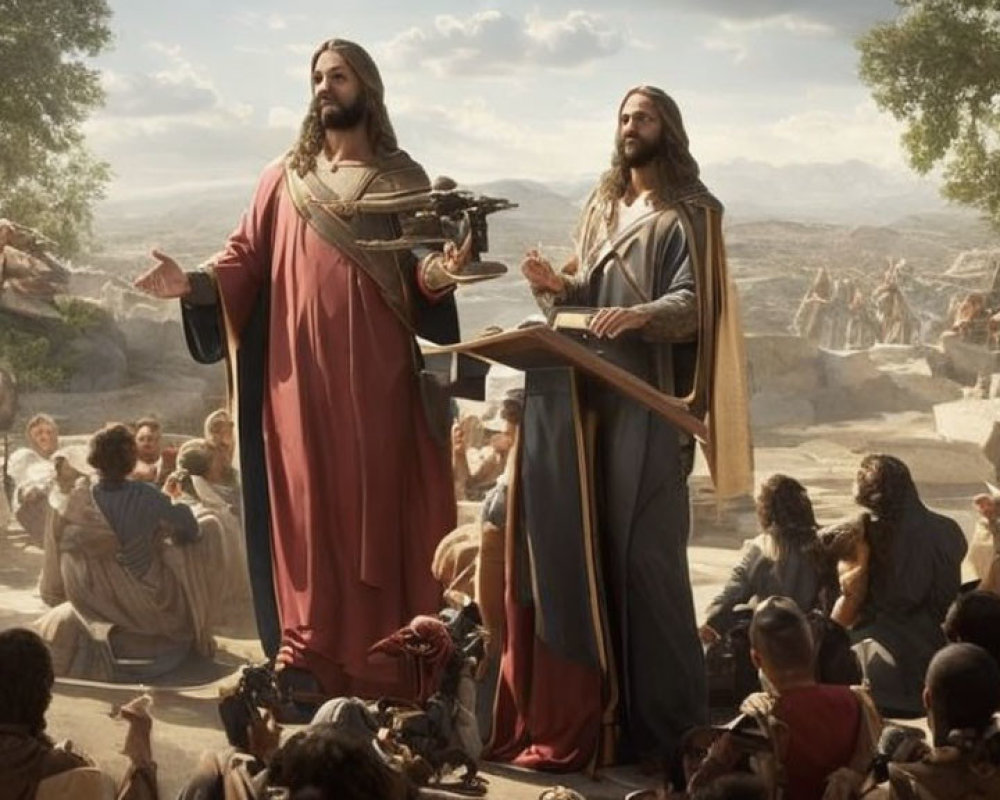 Biblical painting of two figures addressing a desert crowd