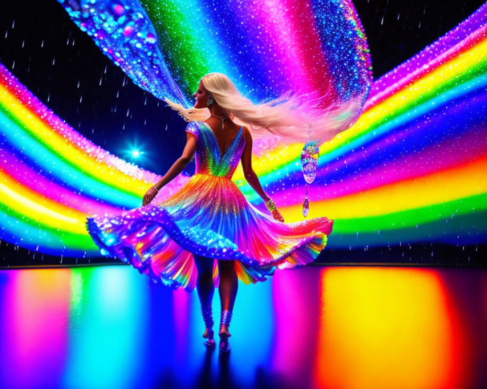 Vibrant woman in sparkly dress against rainbow backdrop