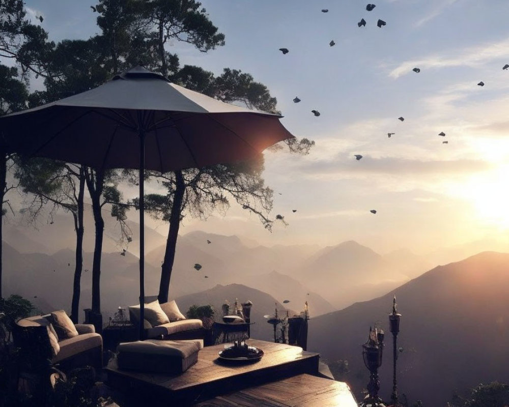 Scenic outdoor lounge with sofa and table set, mountain view, birds flying at sunrise