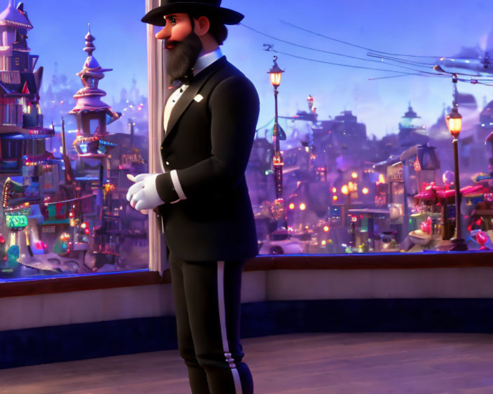 Animated character in top hat and tuxedo gazes at colorful cityscape at dusk