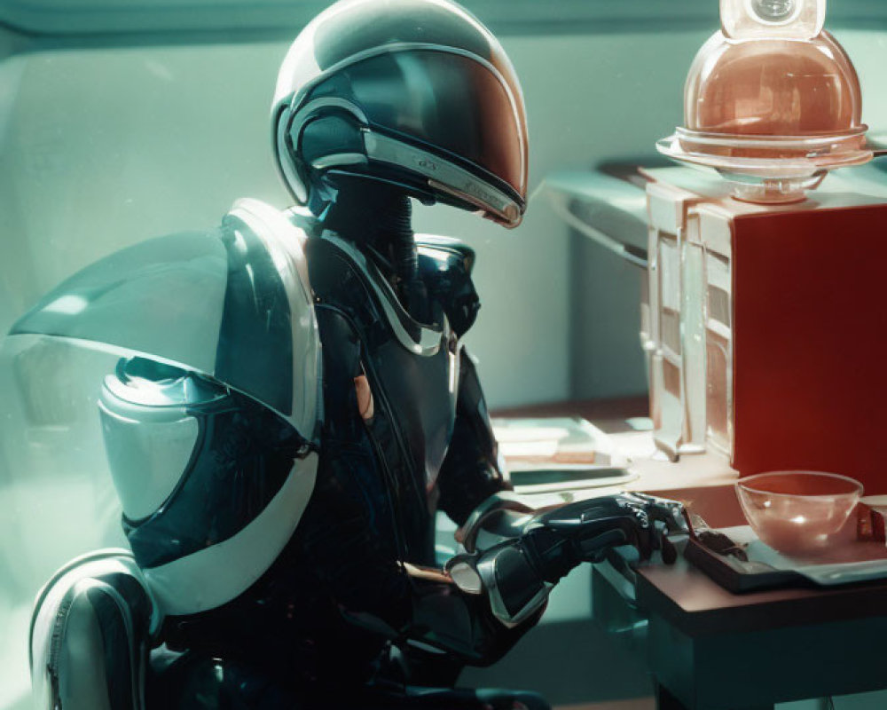 Astronaut in sleek suit at table with helmet, futuristic lamp, and bowl in soft green-l
