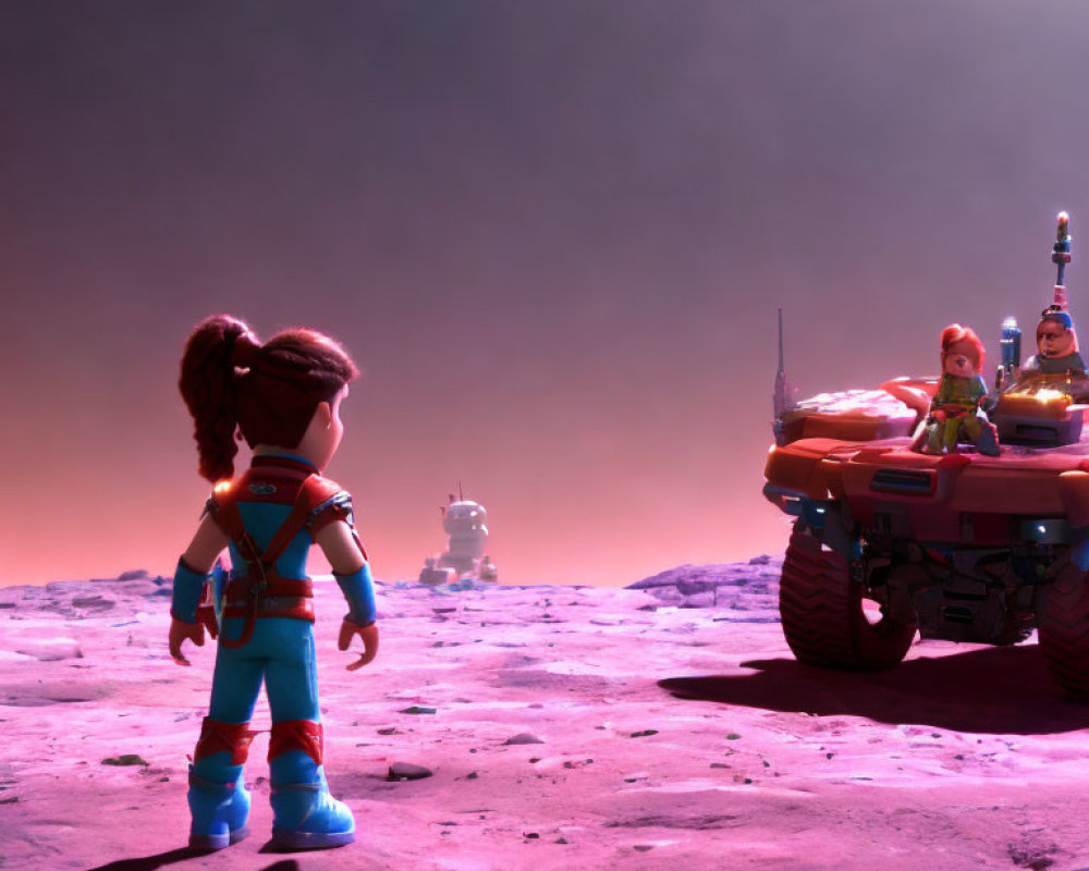 Animated character on rocky surface meets rover with two characters under purple sky