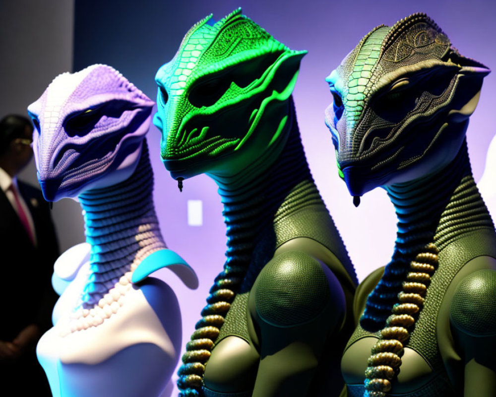 Three reptilian humanoid figures with green and purple scales and a blurred person in the background.