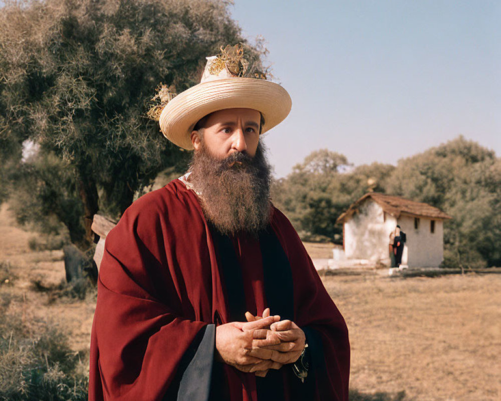 Bearded person in red cloak and straw hat in rural setting.