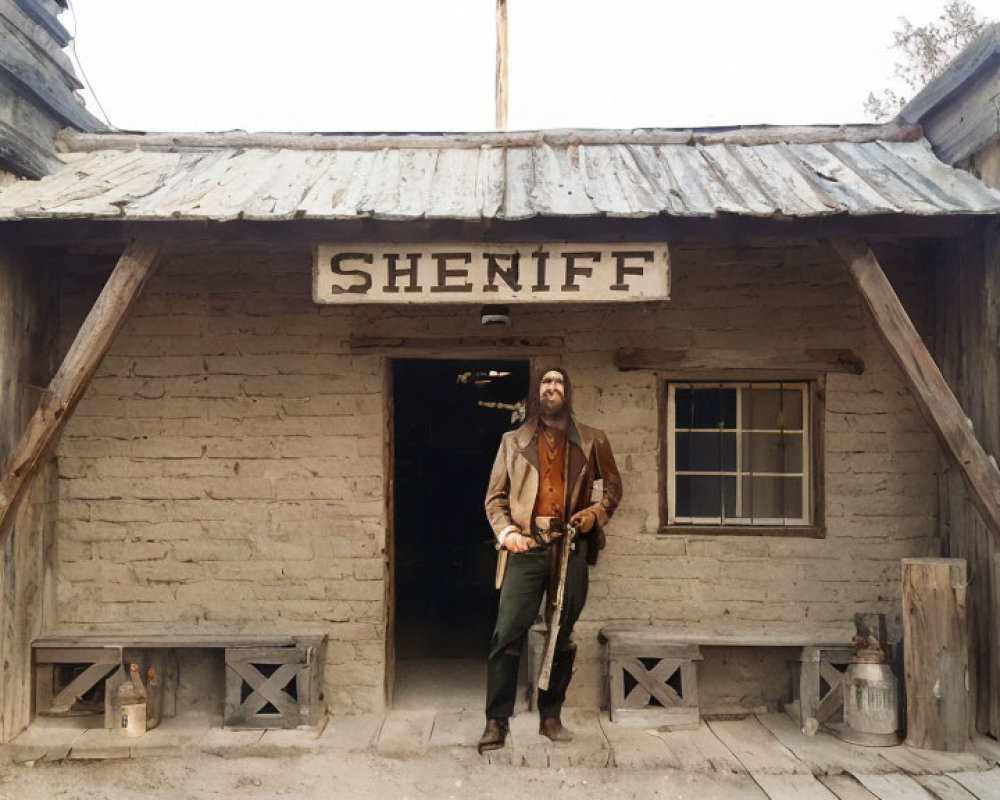 Western sheriff costume in front of rustic wooden building with "SHENIFF" sign