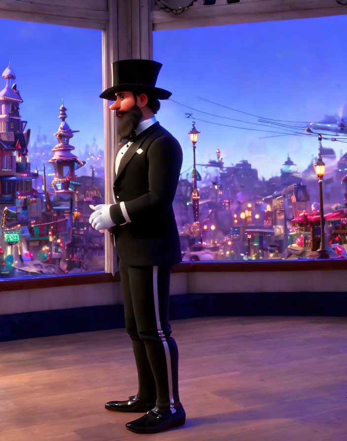 Animated character in top hat and tuxedo gazes at colorful cityscape at dusk