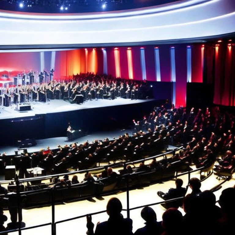 Orchestra and Choir Performance in Concert Hall with Blue and Red Lighting