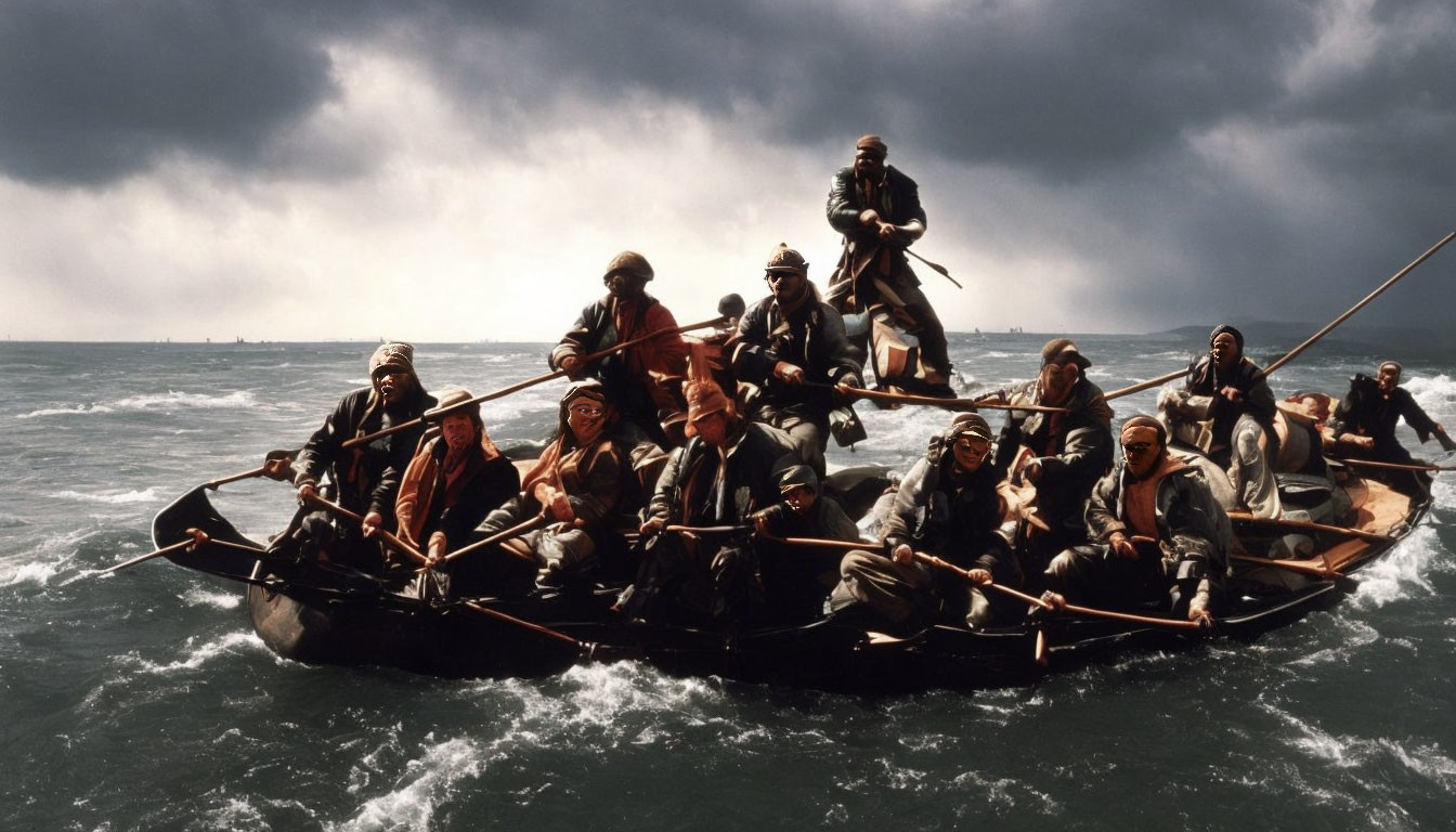 Historical reenactors row lifeboat in stormy seas