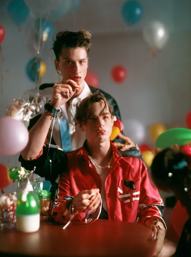 Two Young Men at Party with Colorful Balloons, Pensive Expressions