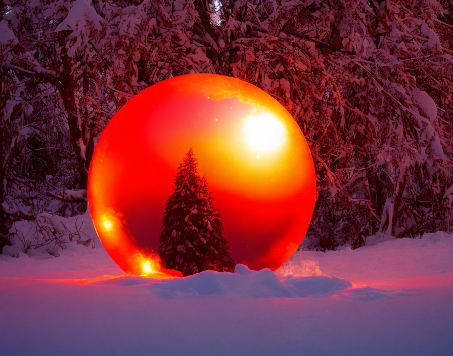 Red glowing sphere lights snowy forest at dusk