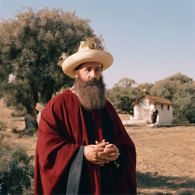 Bearded person in red cloak and straw hat in rural setting.