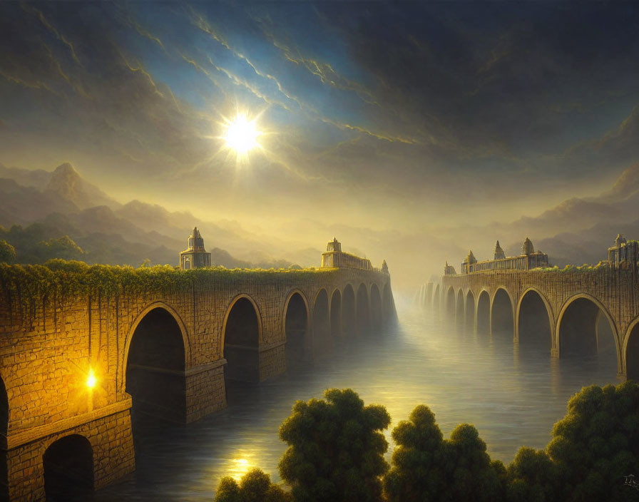 Stone bridge with multiple arches over misty river at sunrise.