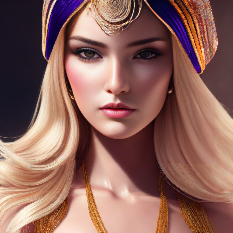 Blonde Woman in Colorful Turban and Gold Chain Portrait